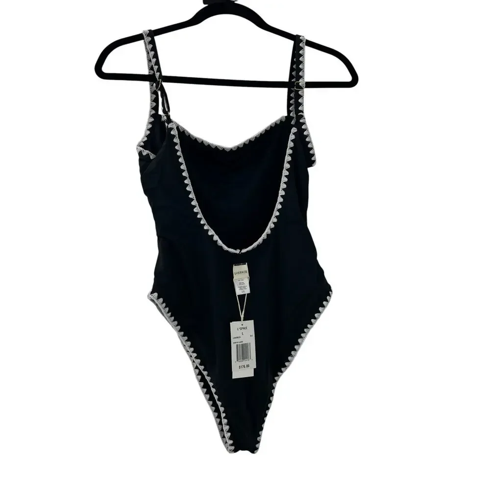 L*Space Nadia One-Piece Swimsuit Sensual Solid Black Cream Size Large NWT - Picture 6 of 10